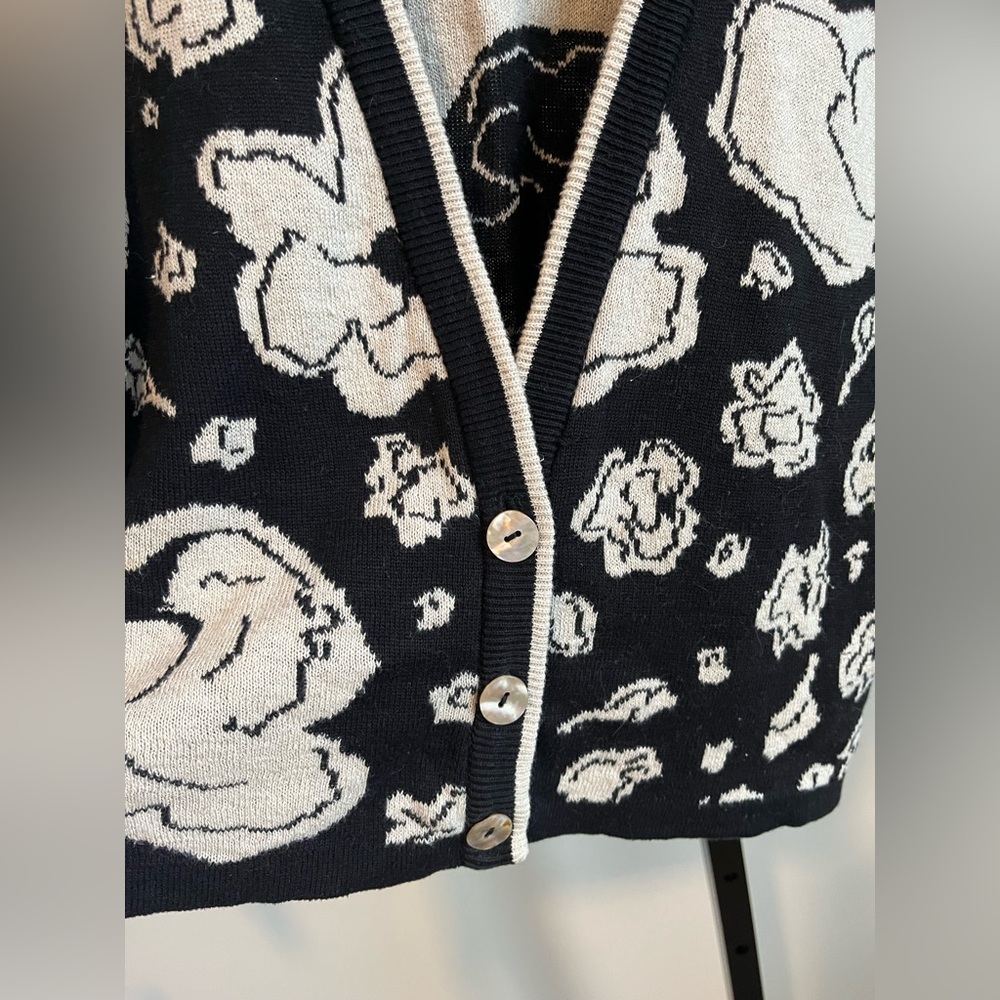 Vintage Jaeger Floral Knit Cardigan Made in Britain Cotton Linen Black Cream - Picture 9 of 10